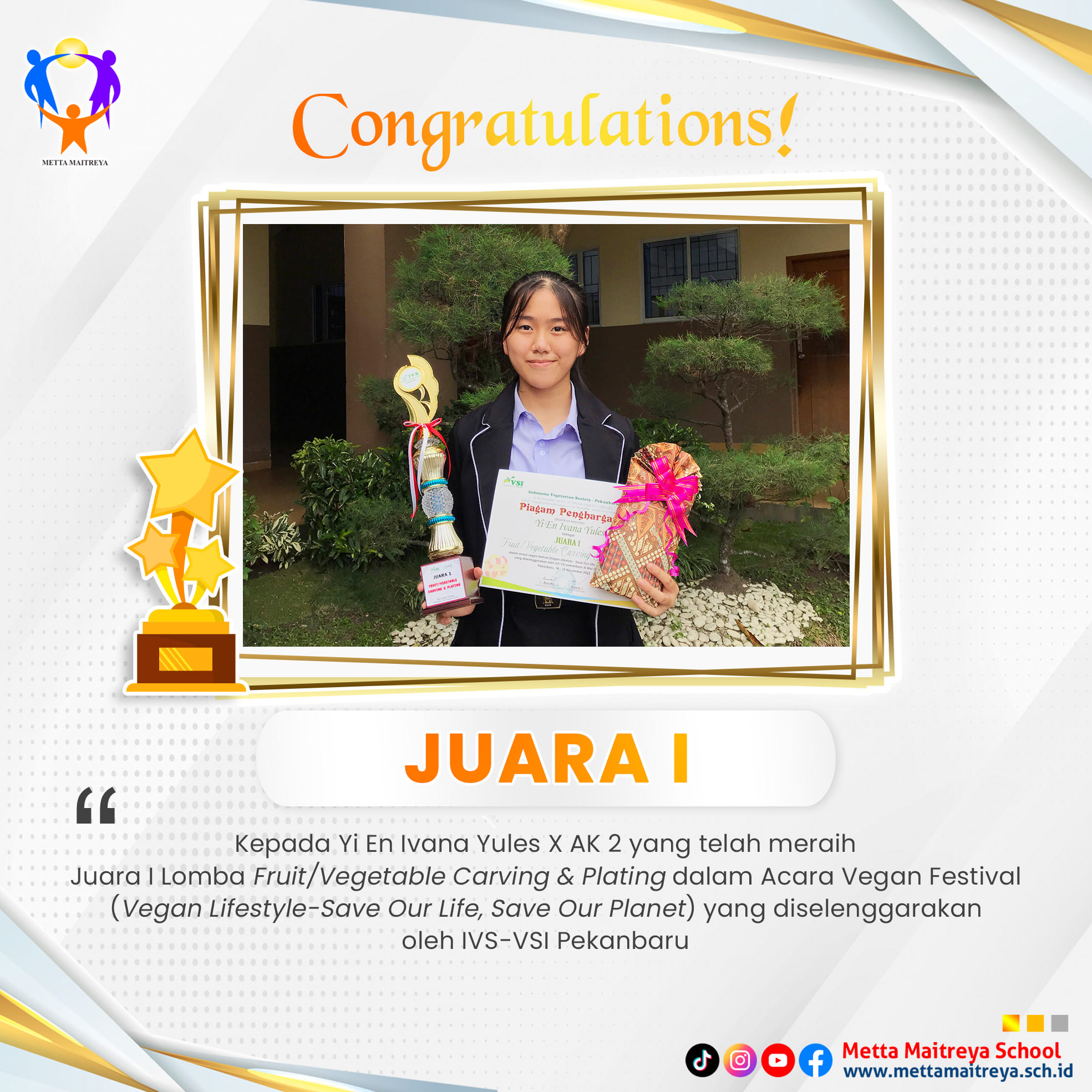 Prestasi Peserta Didik dalam Lomba Fruit or Vegetable Carving & Plating dalam Acara Vegan Festival | SMK METTA MAITREYA